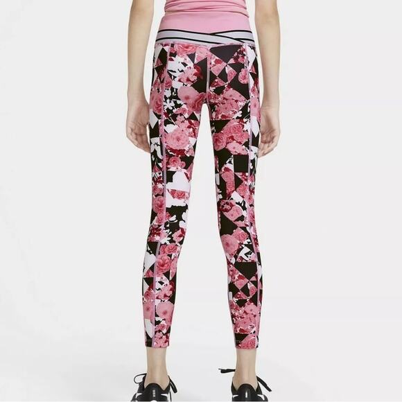 NIKE Girls Pink Black Dri-Fit Floral Abstract Printed Tight Fit Leggings Size L - Picture 12 of 14